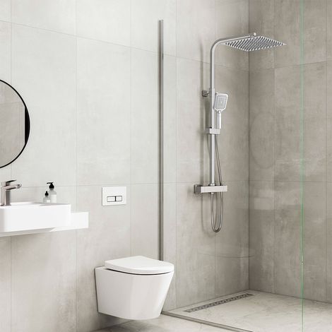 AICA ITALY Soffione doccia 30x30cm con design moderno, saliscendi doccia quadrato con miscelatore termostatico, Cromato (1/5)