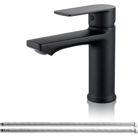 Waschtischarmatur, Einhebelmischer, Schwarz, 96 mm  Einfache Einlochmontage (G3/8) mit flexiblen Schläuchen. Ideal für Gäste-WCs und Badezimmer, auslaufsicher und rostfrei. (1/5)