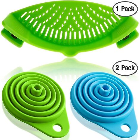 passoire En Silicone Avec 2 Entonnoirs Pliables Vert - Fixez La Passoire  La Casserole Pour Goutter Vos Aliments (1/5)