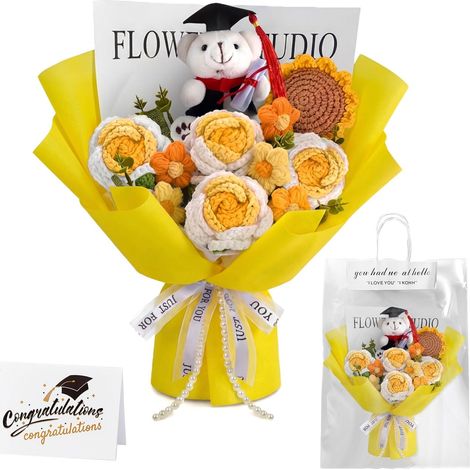Bouquet de fleurs au crochet - Ensemble cadeau fait à la main avec sac cadeau et carte de vœux - Bouquet de roses et tournesols artificiels pour remise de diplômes et anniversaires (1/5)
