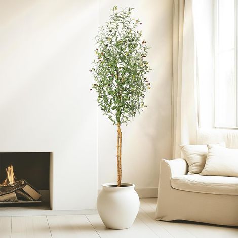 Olivier artificiel - 210 cm - Avec pot blanc - Vert - Grande plante d'olivier - Décoration pour la maison, la chambre à coucher, le bureau, le jardin, le salon