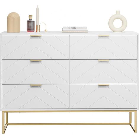 Kommode mit 6 Schubladen, weiß, Holzoptik, Metallfüße, 100x34x73,5cm (1/5)