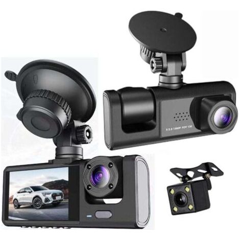 Caméra embarquée avant/intérieure et arrière, 3 grands angles, carte TF 32 Go, caméra embarquée HD 1080p, avec vision nocturne, surveillance du stationnement 24h/24, enregistrement en boucle, WDR, cap (1/4)