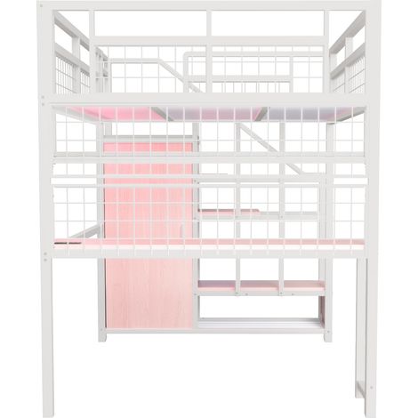 Cama alta de metal 140 x 200 cm blanca con escritorio, estante y escalera de almacenamiento (1/5)