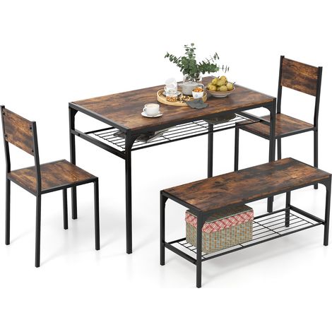 Set da pranzo 4 pezzi con telaio in metallo ripiano portaoggetti, Tavolo da pranzo con 2 sedie panca per 4 persone Marrone (1/5)