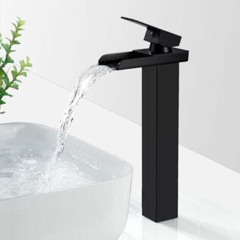 Matte Black Waterfall Bathroom Faucet, High Spout Basin Faucet, Square Brass Countertop Basin Faucet, Hot & Cold Water, G 3/8 (1/4)