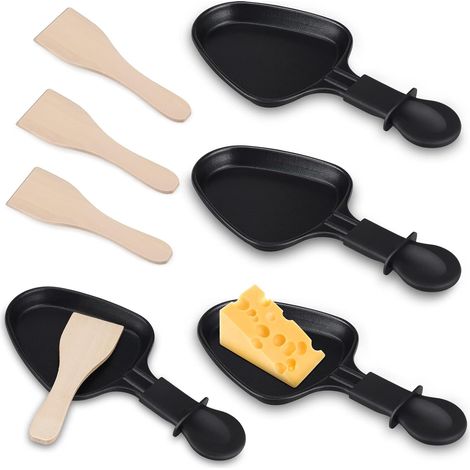 Raclette Poêlons 4 Pièces Revêtement Antiadhésif Mini Raclette Set avec 4 Pelle en bois Portable Plateau de cuisson pour Fromage Fondu Oeuf Frit (1/5)