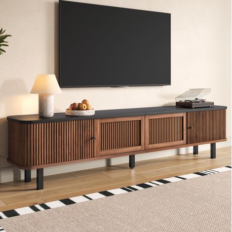 Moderner TV-Schrank 190 x 35 x 45 cm in Walnuss mit Schiebetüren und Gitterfronten (1/5)