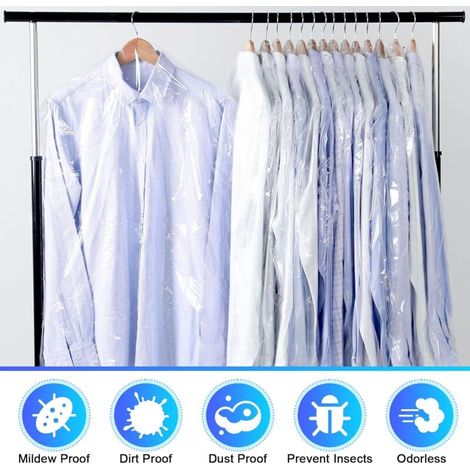 30 Pièces Plastique Housses de Vêtements, 60×140 cm Transparentes Protège-vêtements pour Chemise, Veste, Costume, Pull-Over (1/3)