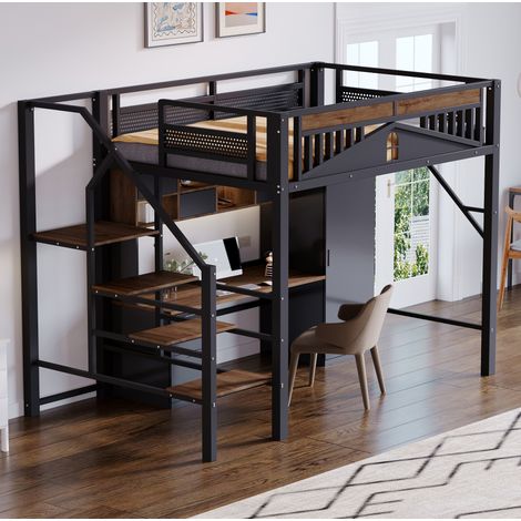 Metall Hochbett (255x145x170 cm), mit Sicherheitsleiter und Stauraum unter dem Bett, Fensterdesign, Schwarz (1/5)