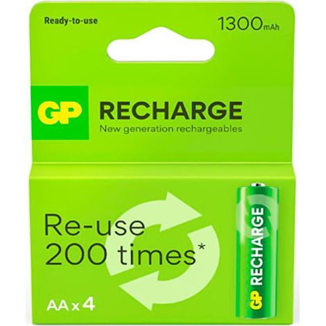 GP pilas recargables recyko r06 1300mh , Pilas recargables Recyko AA 1300 mAh NiMH 130AAHC/CB4. Las baterías GP recargables son todas redondas, potentes y adecuadas para una amplia