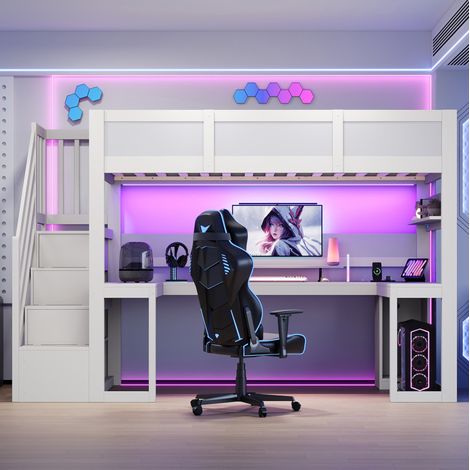 Gaming-Hochbett 90x200 cm mit Schreibtisch, Stauraumtreppe, LED und USB-Port, Weiß (1/5)
