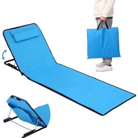 Matelas de Plage Pliable avec Dossier Réglable, Natte de Plage avec Dossier avec Sac de Transport, Tapis de Plage avec Dossier Inclinable, Tapis Plage avec Dossier, pour Plage, Jardin, Camping(Bleu) (1/5)