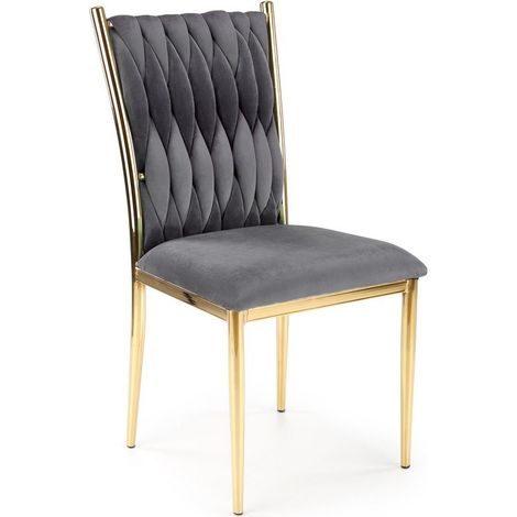 Chaise de salle à manger en velours gris avec dossier capitonné et pieds en métal doré CLYTIA (1/5)