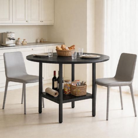 Tavolo da pranzo rotondo moderno 100 cm in MDF e metallo nero con ripiano portaoggetti (1/5)