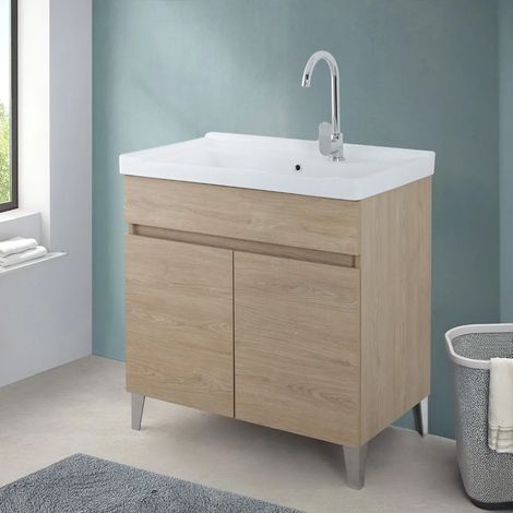 Mobile lavatoio 79x46,8 cm rovere dolomite con vasca in ceramica bianca (1/5)