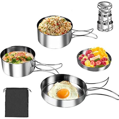 QINERSAW 4 PCS Kit de Casserole Camping INOX Set Ustensile Cuisine Camping Batterie de Cuisine pour Camping Popote Camping Acier INOX Casseroles et Poëles de Camping pour Cuisson des Aliments (1/5)