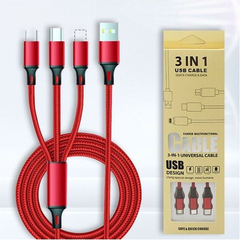 1.2M 3A Multi USB Charging Cable, 3 in 1 Braided USB Charger Cord Connector with Phone/Micro USB/Type C Port for Mobile Phones/Galaxy S20/S10 S9 S8/Pixel/LG/Tablets (1/5)