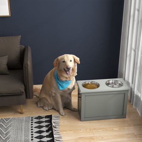 Mangeoire surélevée 60x30x41 cm gris pour grands chiens avec 2 gamelles de 2000 ml et stockage caché (1/4)