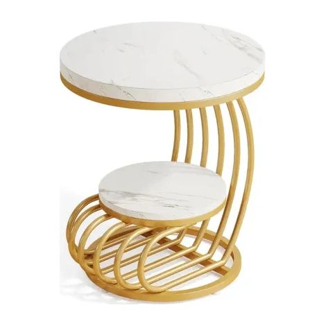 Tavolino rotondo a 2 livelli in marmo artificiale bianco e metallo oro MODENUIT (1/5)