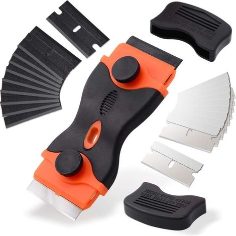 Grattoir pour verre céramique, équipé de 10 grattoirs en plastique et de 10 lames en métal. Sert à retirer les étiquettes du verre céramique. Couleur orange. (1/5)