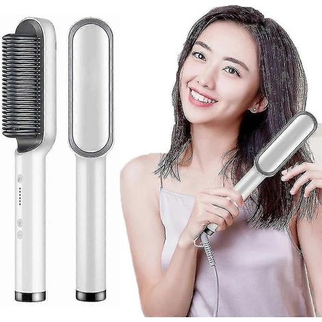 Brosse lissante chauffante multifonctionnelle 2 en 1 avec fonction peigne chauffant, brosse lissante anti-brûlure, outil de coiffage (Blanc, Royaume-Uni) (1/5)