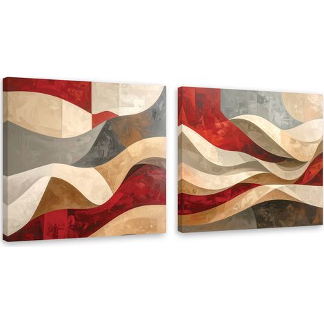 Tableaux sur toile lot  Vagues abstraites beige et rouge 2 x 30x30