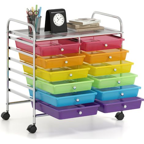 Carrello portaoggetti con 12 cassetti e ampio piano di lavoro Cassettiera con 4 ruote Multicolore Trasparente (1/4)
