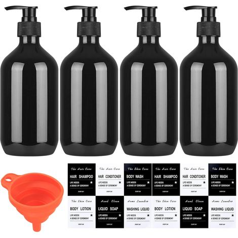 4 Pièces Bouteilles de Shampoing Vides, 500ml Bouteilles de Distributeur de Savon, Flacons de Pompe Plastique pour Liquide/Savon/Shampooing/Gel Douche (4pcs Noir)'4pcs Noir'4pcs Noir'-