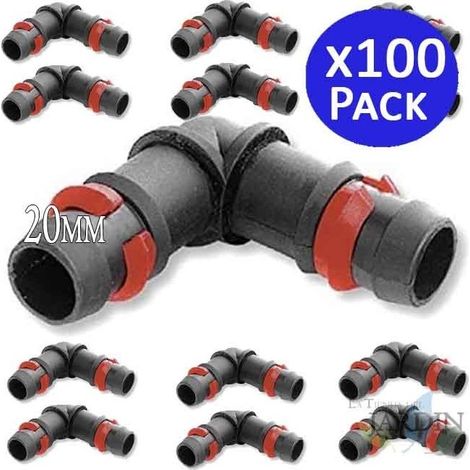 Set di 100 Gomito portagomma 20 mm con anello di sicurezza. Raccordo per tubo irrigazione 20 mm nero