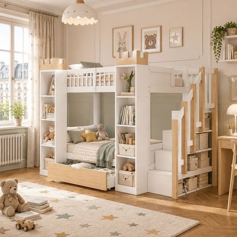 Litera infantil 90x200 cm de madera y MDF blanco con almacenaje, sin colchones - MEUBLIV (1/5)