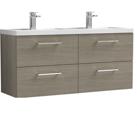 Balterley Bramshall 1200mm Wall Hung 4 Drawer Vanity Unit & Double Basin for Modern Bathroom Storage - Solace Oak