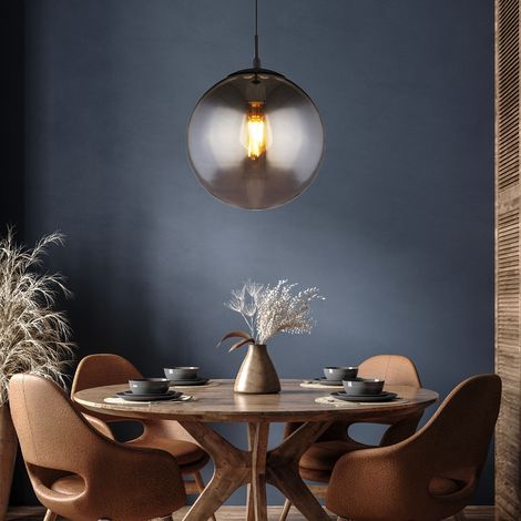 Plafonnier suspension boule de verre suspension boule de verre fumé en attente, métal noir mat, 1x E27, DMxHauteur 30x120cm, salon salle à manger chambre