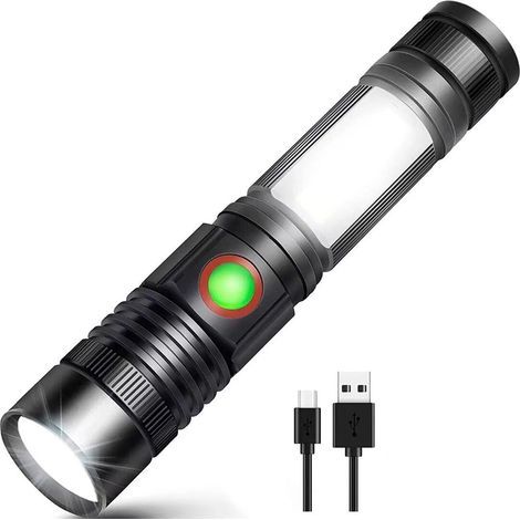 Lampe torche LED rechargeable USB puissante, lampe torche COB portable et zoomable de style militaire pour les ateliers de réparation automobile, le camping et les projets de bricolage (batterie recha (1/4)