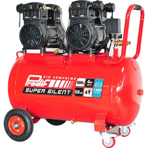 Prodif – Compresseur silencieux 100L 4CV 8 bar 1400 tr/min – Débit 493 L/min – Pour clouer, agrafer, peindre – Niveau sonore 58 dB
