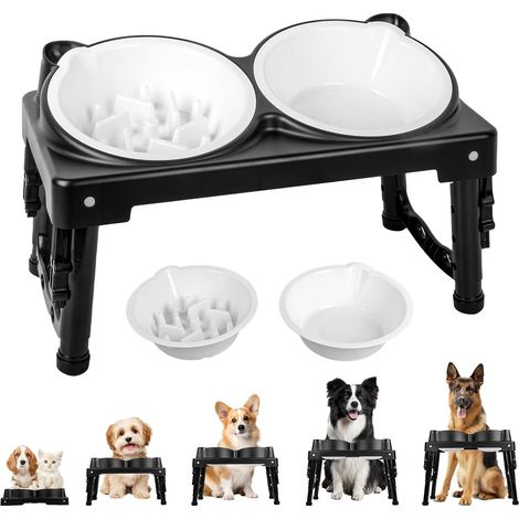Raised Dog Bowl, Raised Dog Bowl Stand with Anti Glutton, 5 Adjustable Heights, Bowl for Medium and Large Raised Dogs (1/5)