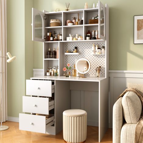 Bureau multifonction avec meuble intégré 180 cm, MDF blanc, 3 tiroirs et vitrine (1/5)