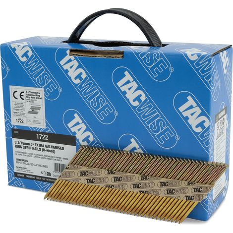 TACWISE 1722 Chiodi Inclinati a 34° 3,1/75 mm, Zincati Extra con Testa a ‘D’, Gambo Anellato, Fascicolati con Carta, Confezione da 1600, Argento (1/5)