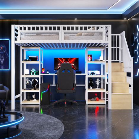Hochbett 90x200 cm Weiß aus Metall und MDF mit Schreibtisch, Regalen, LED-Lichtleiste und USB-Anschluss (1/5)