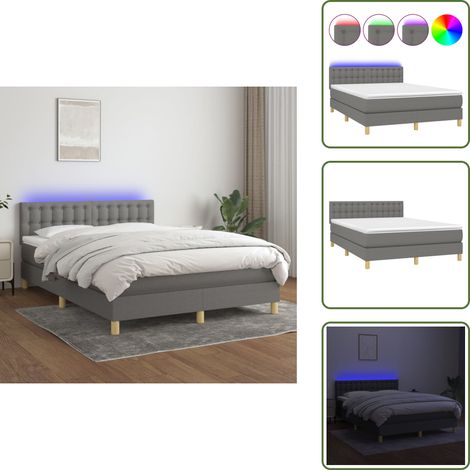 Cama con cabecero ajustable - vidaXL Cama box spring colchón y luces LED tela gris oscuro 140x190 cm - Cama con tira LED