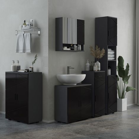 Colonne de salle de bain en panneaux de particules avec deux étagères ouvertes et deux armoires à double niveau. 30 x 30 x 183 cm. Noir et gris.