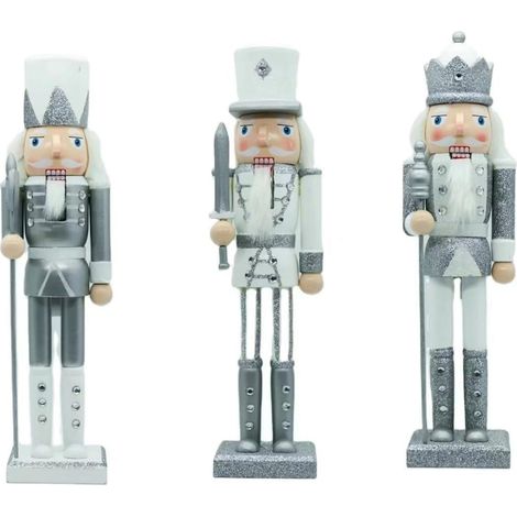 25cm Silver and White Wooden Nutcracker Soldier Set of 3 for Christmas Display (1/3)