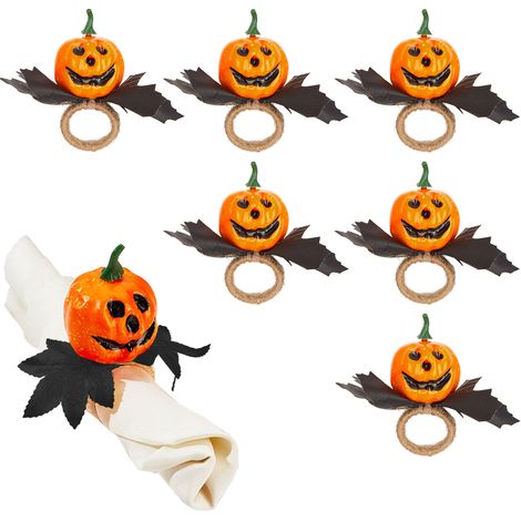 (Citrouille à visage de fantôme et feuilles noires) Lot de 6 ronds de serviette sur le thème d'Halloween, décorés de citrouilles, d'yeux, d'une main en forme de crâne et d'un anneau de vêtement d'Hall (1/2)