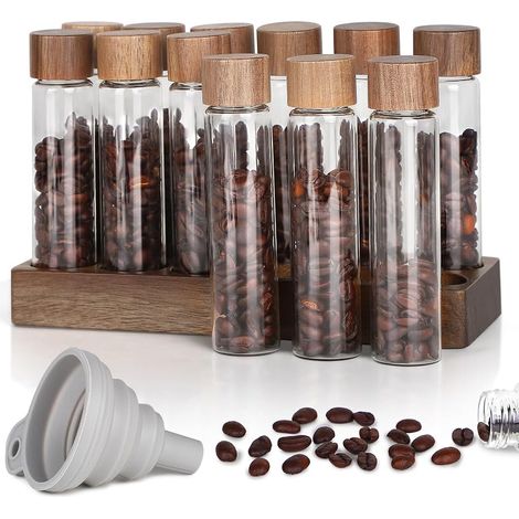 12 x Einzelportions-Glasbehälter für Kaffeebohnen mit 12-Loch-Holzständer und Silikatrichter, Röhren-Aufbewahrungsset für Kaffeebohnen (1/5)