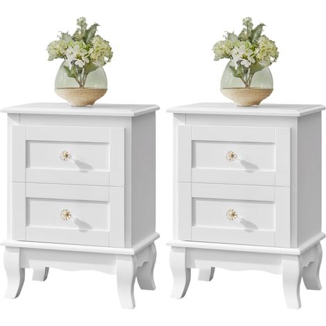 Vasagle – Lot de 2 tables de chevet blanches – 2 tiroirs – MDF – 38,5 x 30,5 x 52,5 cm – Style baroque – Plateau large et pieds en bois de pin