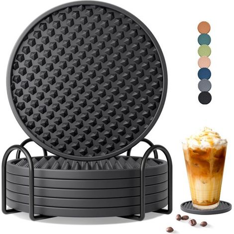 Sottobicchieri con supporto, sottobicchieri in silicone, lavabili in lavastoviglie, set di sottobicchieri antiscivolo, resistenti al calore, adatti a vari tipi di bicchieri, set da 6, neri (1/5)