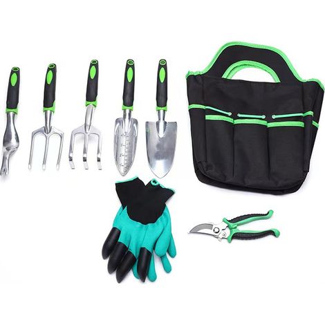Kit d'Outils de Jardin 8 Pièces en Alliage d'Aluminium avec Sac et Gants, Ensemble de Jardinage avec Pelle, Râteau, Sécateur (1/5)