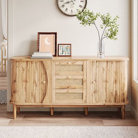 Buffet, commode en rotin, commode à portes coulissantes, étagères réglables et plateau arrondi. (1/5)