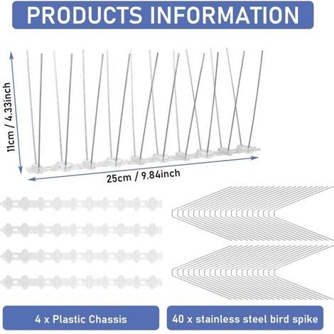Pic Anti Pigeon Inoxydable, 25cm x 4 Pièces Pique Anti Pigeon pour Balcon, Respectueux des Animaux Pic Anti Oiseaux, Anti-Escalade Enceintes pour Moineaux Hirondelles Corneilles Chat (1/4)