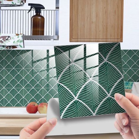 Credence Adhesive for Kitchen Brick Palm Hellgrün 25 Pcs Wall Stickers Bathroom Kitchen Wall Tiles Adhesive with Tile Patterns PVC Adhesive Wall Tile S: 10 x 10 cm,DJ052 (1/3)